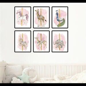 Carousel Animals Baby Girls Room Nursery Wall Art Prints Set of 6